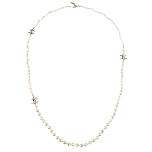 Chanel Gold Chain Artificial Pearl Rhinestone Necklace A15B