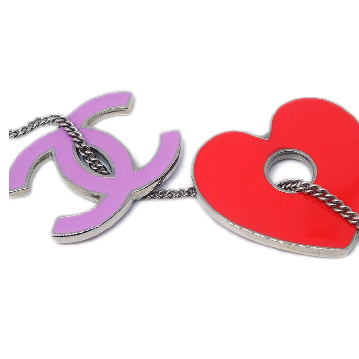 Chanel CC Heart Chain Necklace Silver Pink 04P