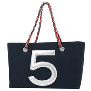 Chanel Navy Silver Canvas No.5 Choco Bar Tote Handbag