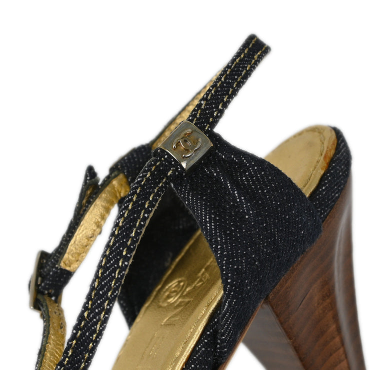 Chanel * Navy Denim Sandals Shoes #36C