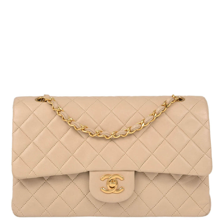 Chanel Beige Lambskin Medium Classic Double Flap Shoulder Bag