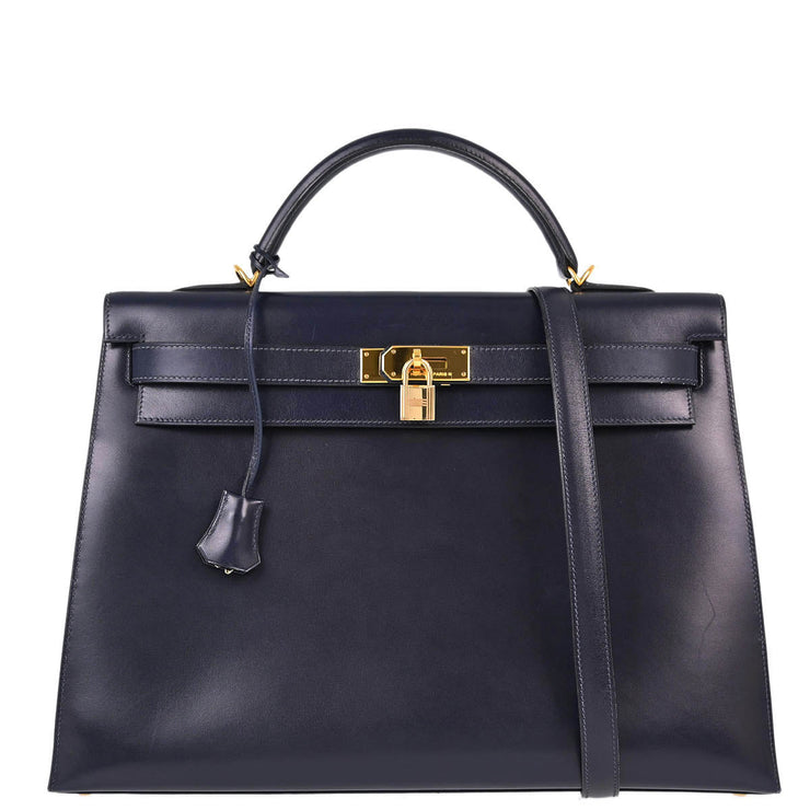 Hermes Navy Box Calf Kelly 40 Sellier 2way Shoulder Handbag