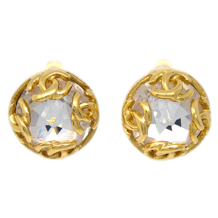 Chanel Gold Button Earrings Clip-On Rhinestone 95A