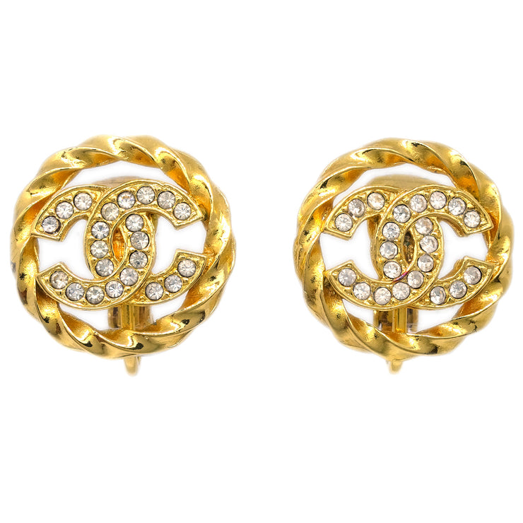 Chanel Gold Button Earrings Clip-On Rhinestone 2137