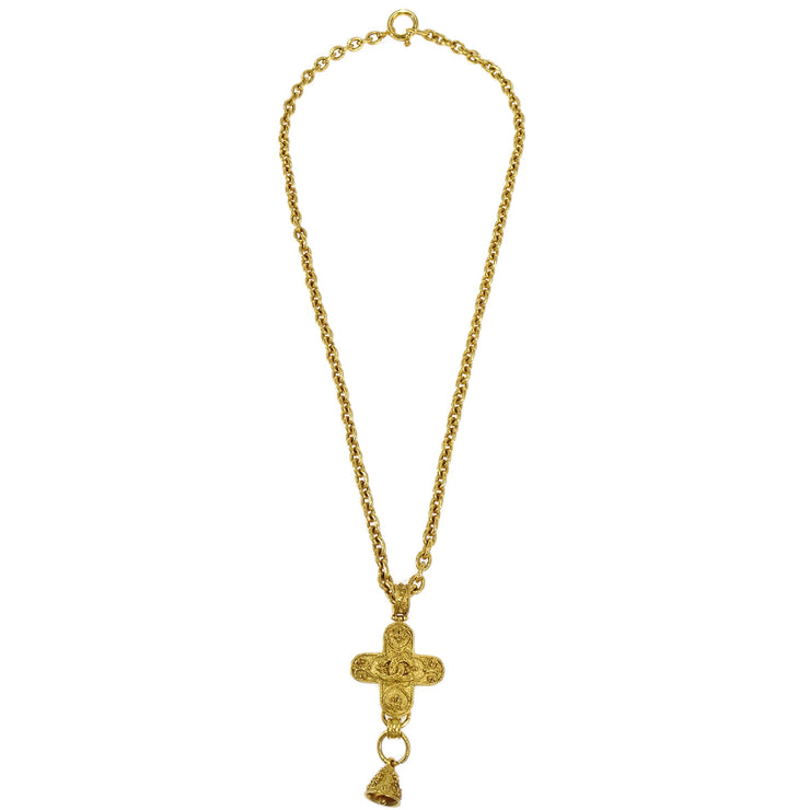 Chanel Cross Bell Gold Chain Pendant Necklace 94A