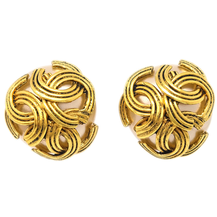 Chanel Gold Triple CC Artificial Pearl Earrings Clip-On 94A