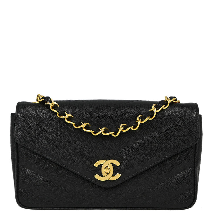 Damege Chanel Black Caviar Chevron Single Flap Shoulder Bag