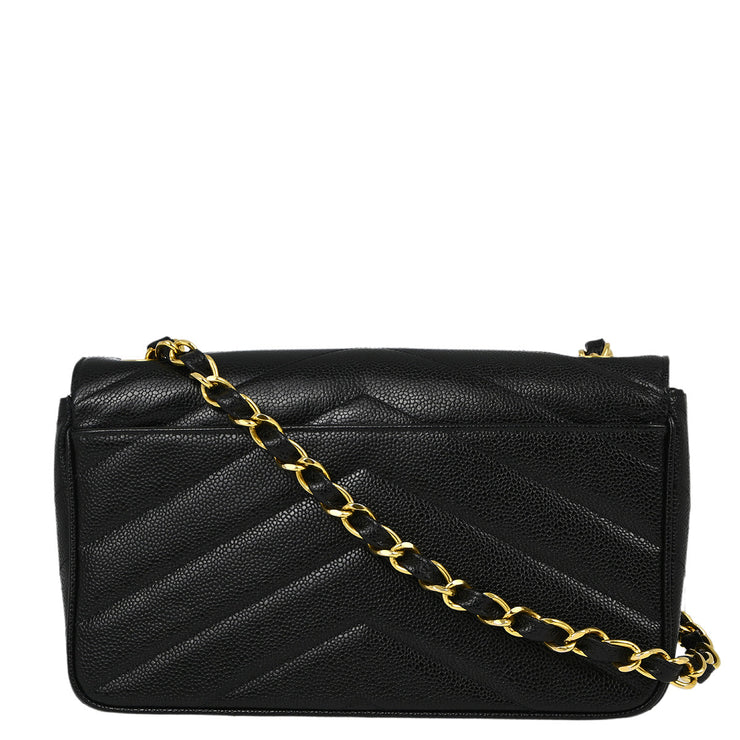 Damege Chanel Black Caviar Chevron Single Flap Shoulder Bag