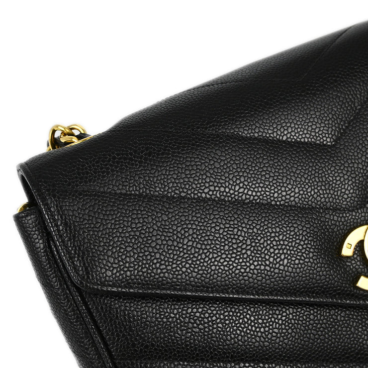 Damege Chanel Black Caviar Chevron Single Flap Shoulder Bag