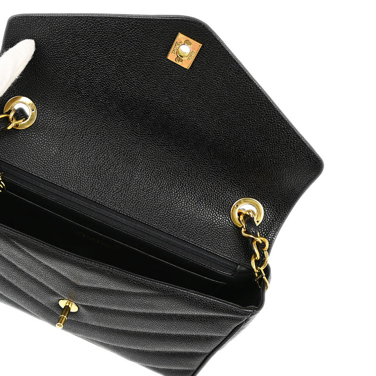 Damege Chanel Black Caviar Chevron Single Flap Shoulder Bag