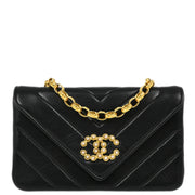 Chanel Black Lambskin Chevron Artificial Pearl Shoulder Bag