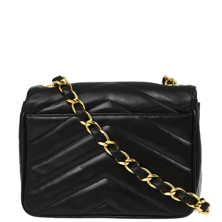 Chanel Black Lambskin V Stitch Single Flap Shoulder Bag