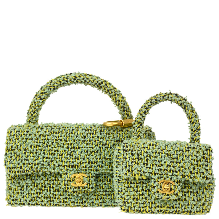 Chanel * Green Tweed Classic Single Flap 2 in 1 Handbag Set