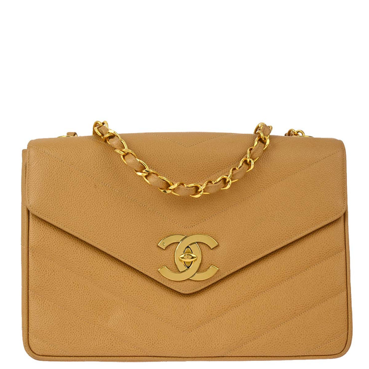 Chanel Beige Caviar V Stitch Chain Shoulder Bag