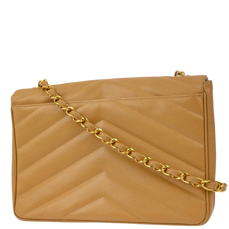 Chanel 1994-1996 Beige Caviar Chevron Chain Shoulder Bag