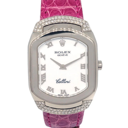 Rolex* Cellini Ref.6692 Quartz Watch 18KWG Diamond Pink Crocodile