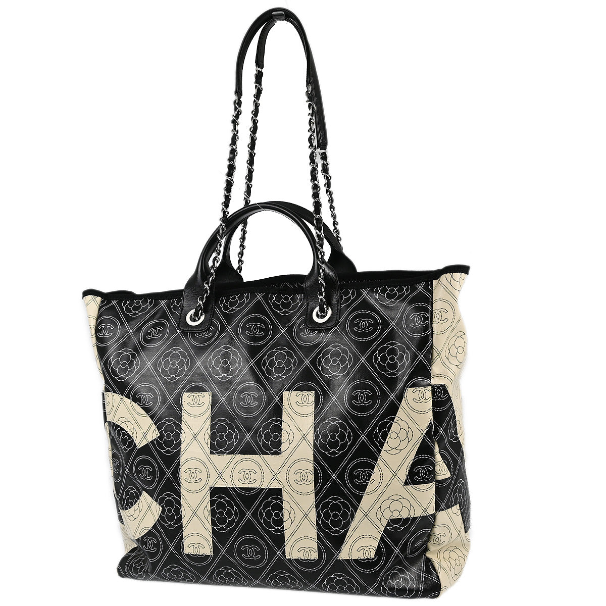 Chanel 2018 Black Printed Coated Canvas Camellia Shopping 2way Shoulder Tote Handbag