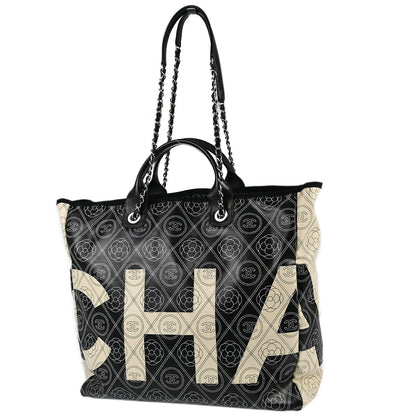 Chanel 2018 Black Printed Coated Canvas Camellia Shopping 2way Shoulder Tote Handbag