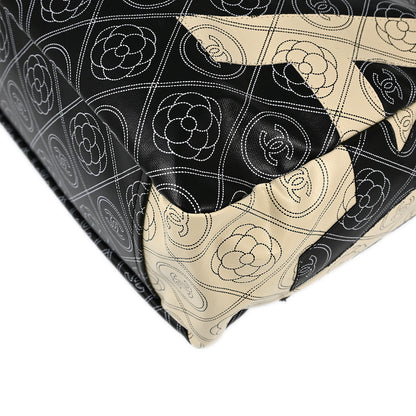 Chanel 2018 Black Printed Coated Canvas Camellia Shopping 2way Shoulder Tote Handbag