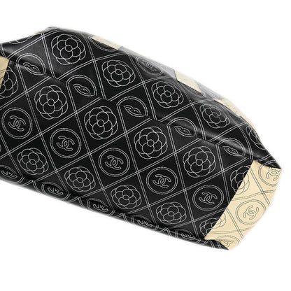 Chanel 2018 Black Printed Coated Canvas Camellia Shopping 2way Shoulder Tote Handbag