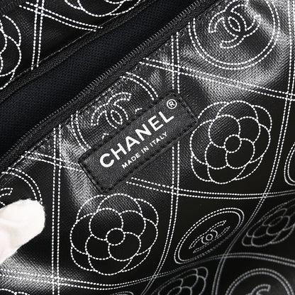 Chanel 2018 Black Printed Coated Canvas Camellia Shopping 2way Shoulder Tote Handbag