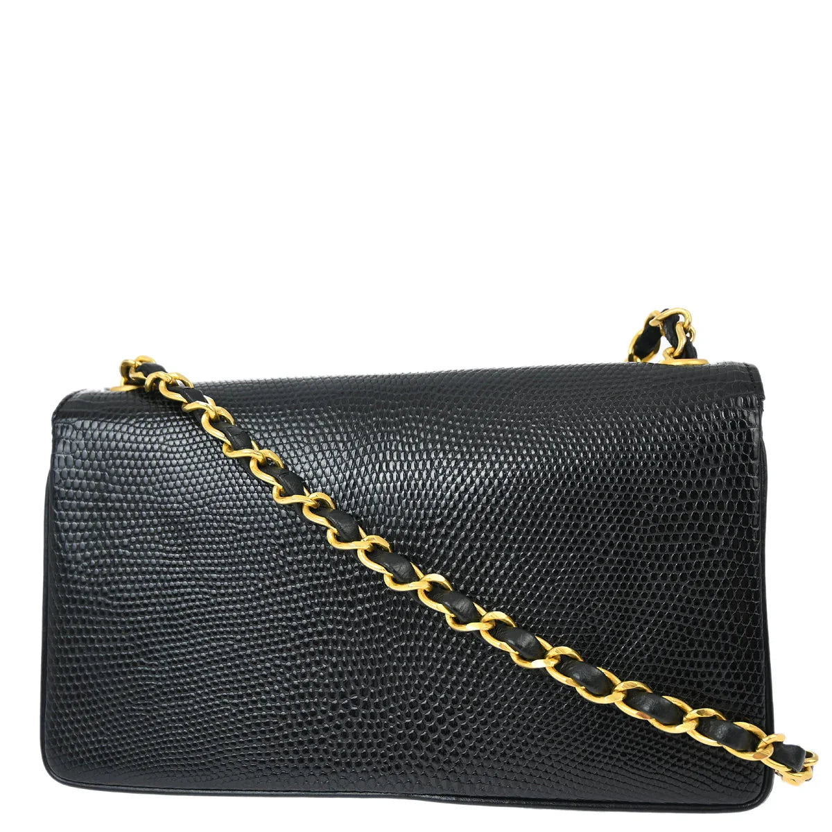 Chanel * 1989-1991 Black Lizard Pushlock Shoulder Bag