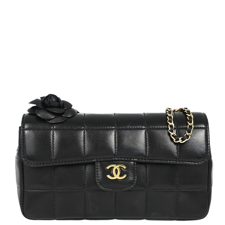 Chanel Black Lambskin Choco Bar Camellia Shoulder Bag