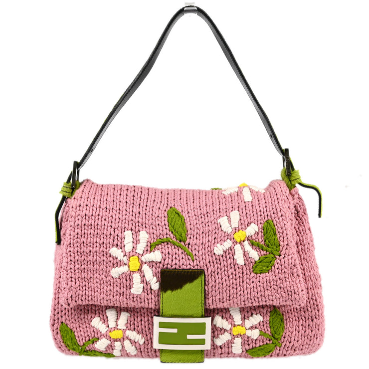 Fendi Pink Wool Flower Mamma Baguette Handbag