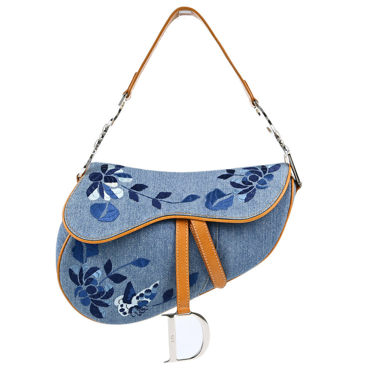 Christian Dior Blue Denim Embroidered Saddle Handbag