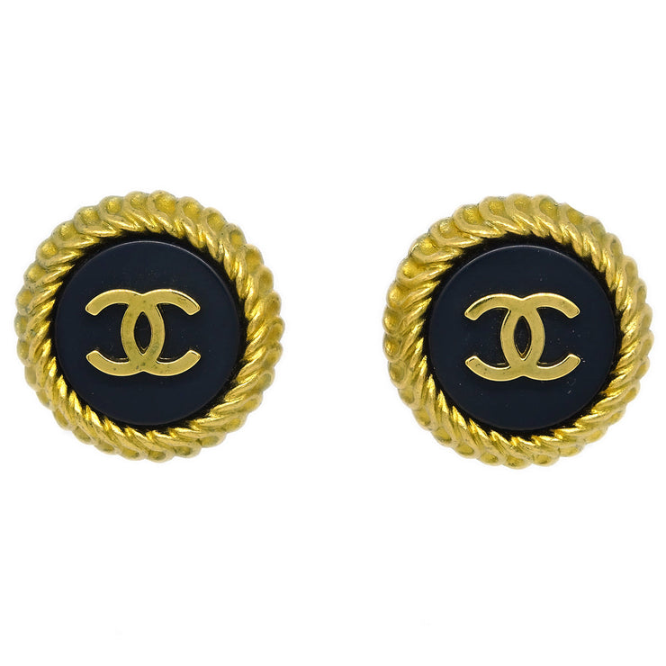 Chanel Button Earrings Clip-On Black Gold 95C