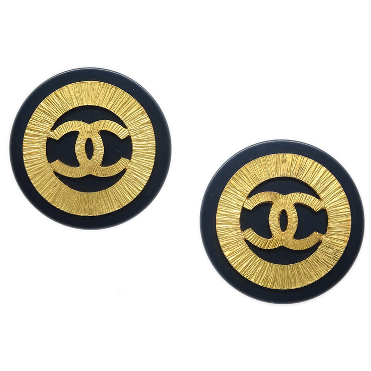 Chanel Button Earrings Clip-On Black Gold 93P