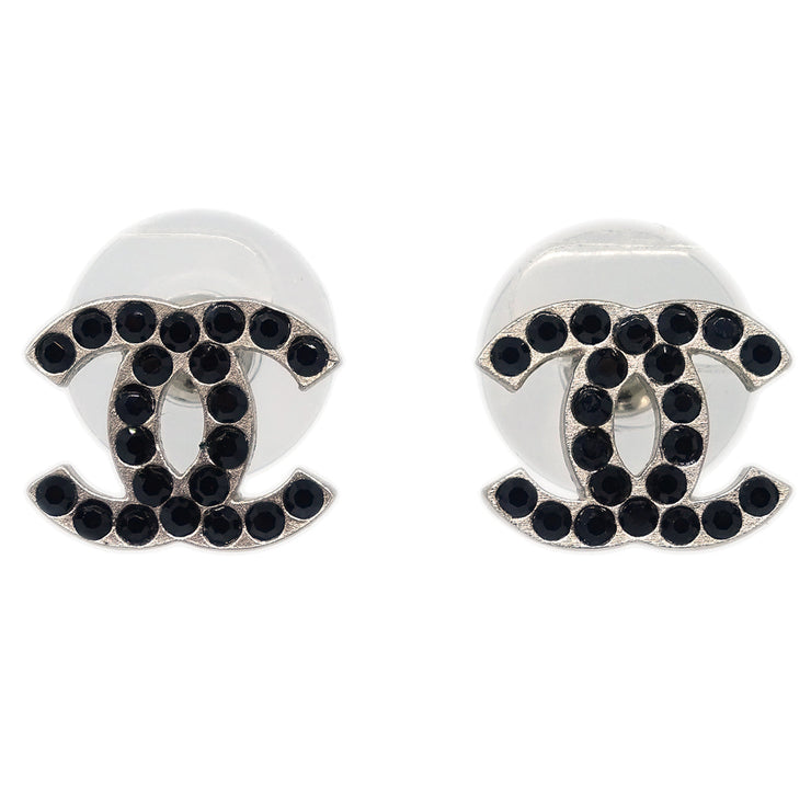 Chanel CC Piercing Earrings Rhinestone Silver 05P