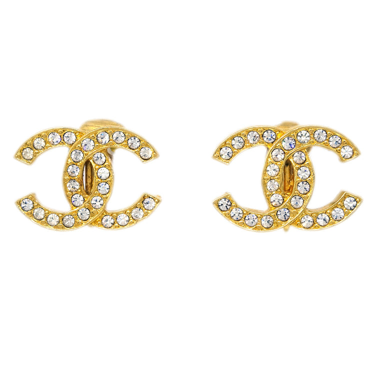 Chanel CC Rhinestone Earrings Clip-On Gold 2084