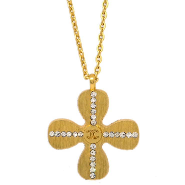 Chanel Clover Chain Pendant Necklace Rhinestone Gold 01C