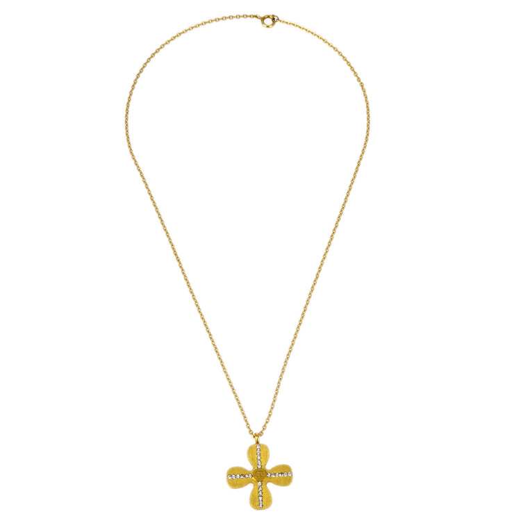 Chanel Clover Chain Pendant Necklace Rhinestone Gold 01C