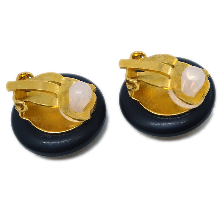 Chanel Button Earrings Clip-On Black Gold 97P