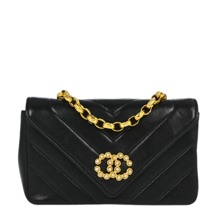 Chanel Black Lambskin Chevron Single Flap Shoulder Bag