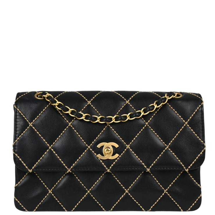 Chanel Black Calfskin Wild Stitch Straight Flap Shoulder Bag