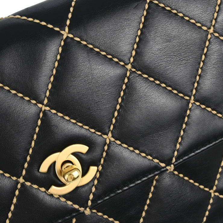 Chanel Black Calfskin Wild Stitch Straight Flap Shoulder Bag