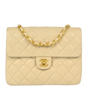 Chanel Beige Lambskin Classic Square Flap Shoulder Bag 20