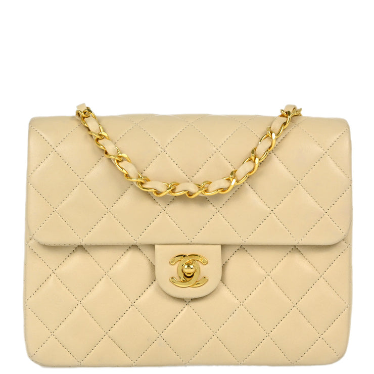 Chanel Beige Lambskin Classic Square Flap Shoulder Bag 20