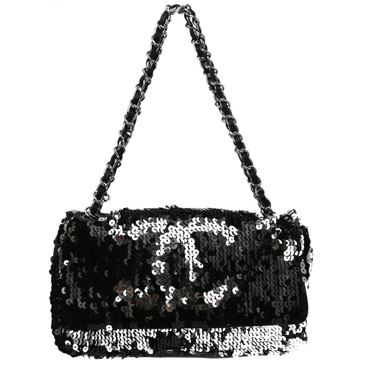 Chanel *Black Sequins Double Chain Flap Handbag