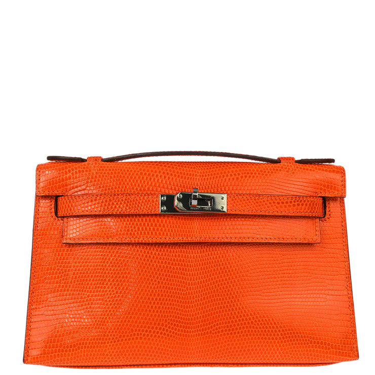 Hermes * Orange Lizard Kelly Pochette Handbag