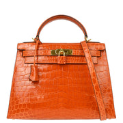 Hermes * 2005 Orange Crocodile Niloticus Kelly 28 Sellier 2way Shoulder Handbag