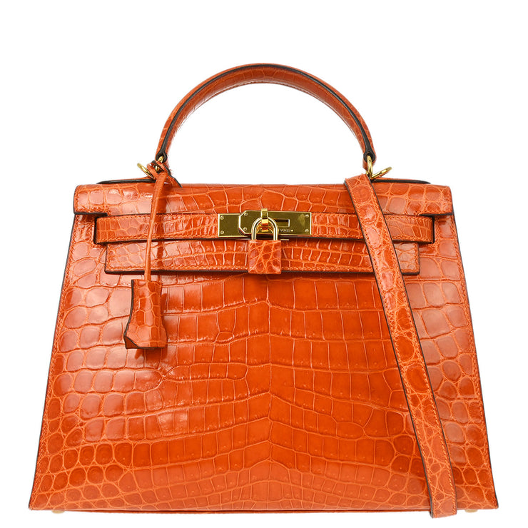 Hermes * Orange Crocodile Kelly 28 Sellier 2way Shoulder Handbag