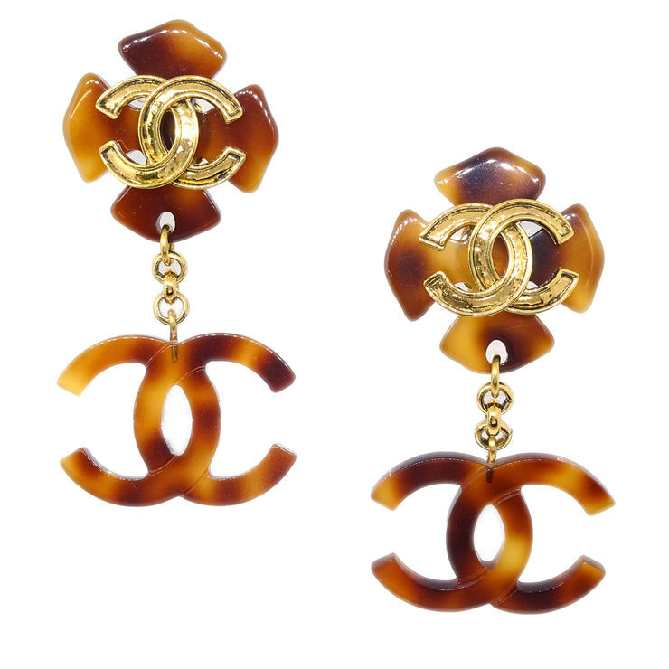 Chanel CC Dangle Earrings Gold Clip-On Brown 94P