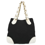 Chanel Black White Canvas Lambskin Tote Handbag