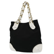 Chanel Black White Canvas Lambskin Tote Handbag