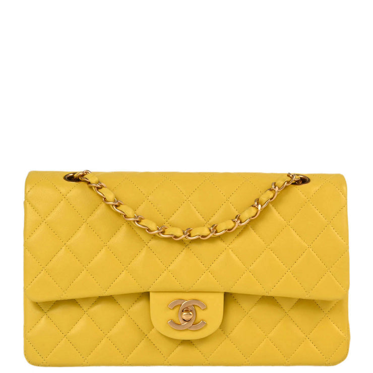 Chanel Yellow Lambskin Medium Classic Double Flap Shoulder Bag