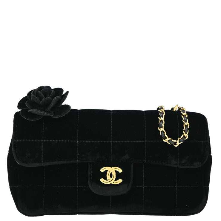 Chanel Black Velvet Choco Bar Camellia Shoulder Bag